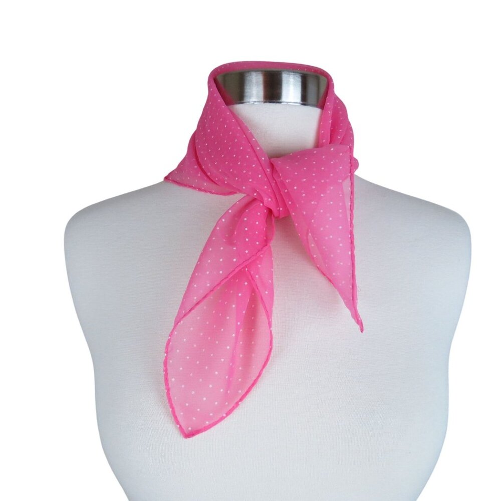 Vintage Pink White Polka Dot Sheer Scarf 21" Square Polyester